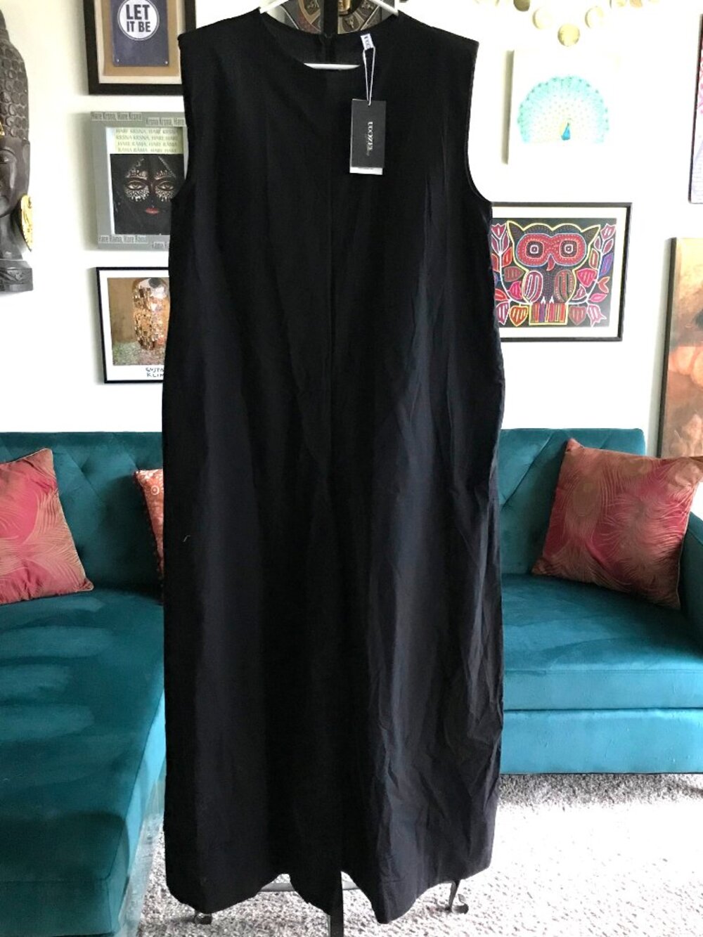UOOZEE size M / L Black Linen Blend Wide Leg Pockets Jumpsuit Lagenlook NWT